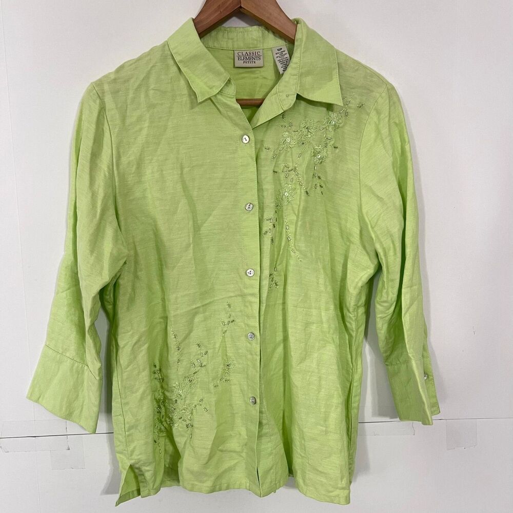 Classic Elements Womens Shirt Size 10P Green Beaded Sequin Linen Blend